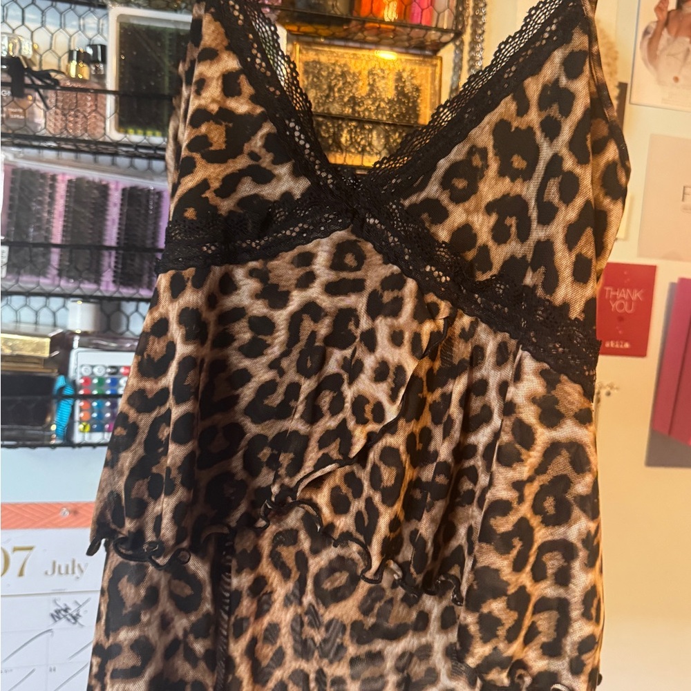 Leopard Print Lace Trim Chemise